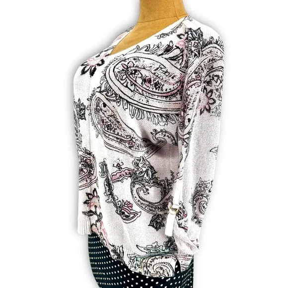 Chico's Blush Pink Paisley Sweater Sz 3 (XL) 3/4 Roll Tab Sleeve Romantic Cotton - Picture 11 of 12
